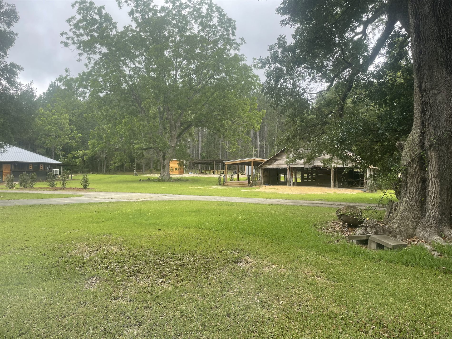 Outdoor event venue lawn with cabin and historic barn feature
