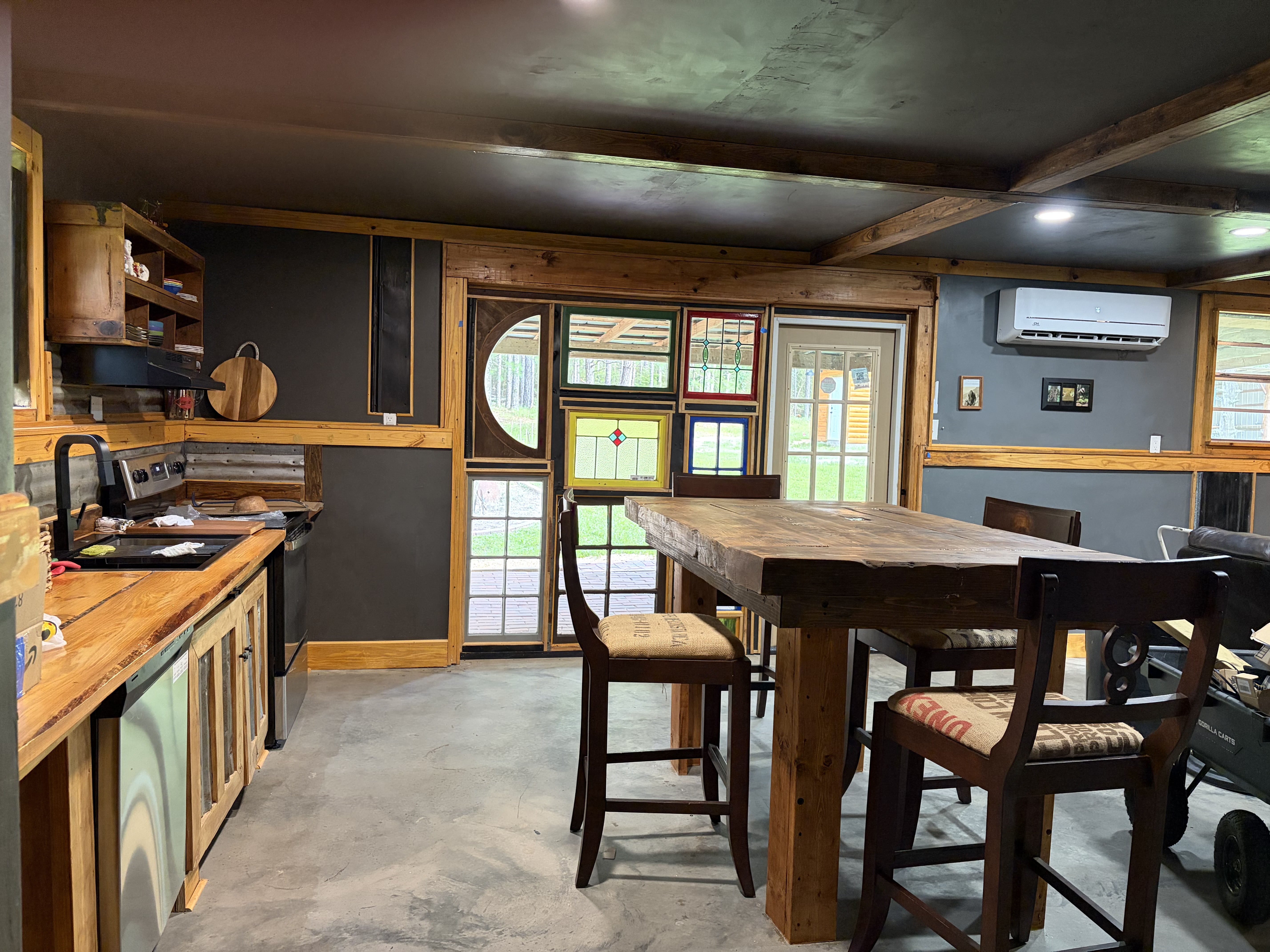 Cabin interior kitchen and gathering space